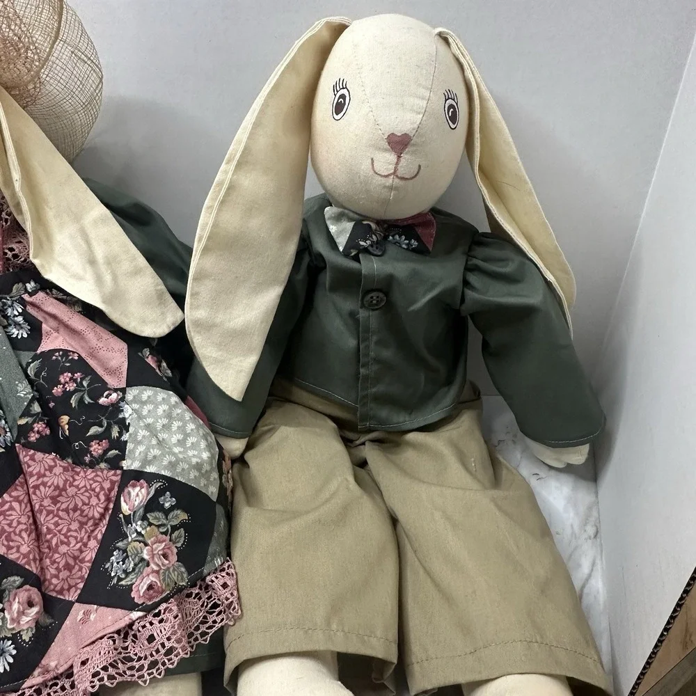 VTG Handmade Bunny Rabbits Plush Country Cottage‎ Chic Primitive Set